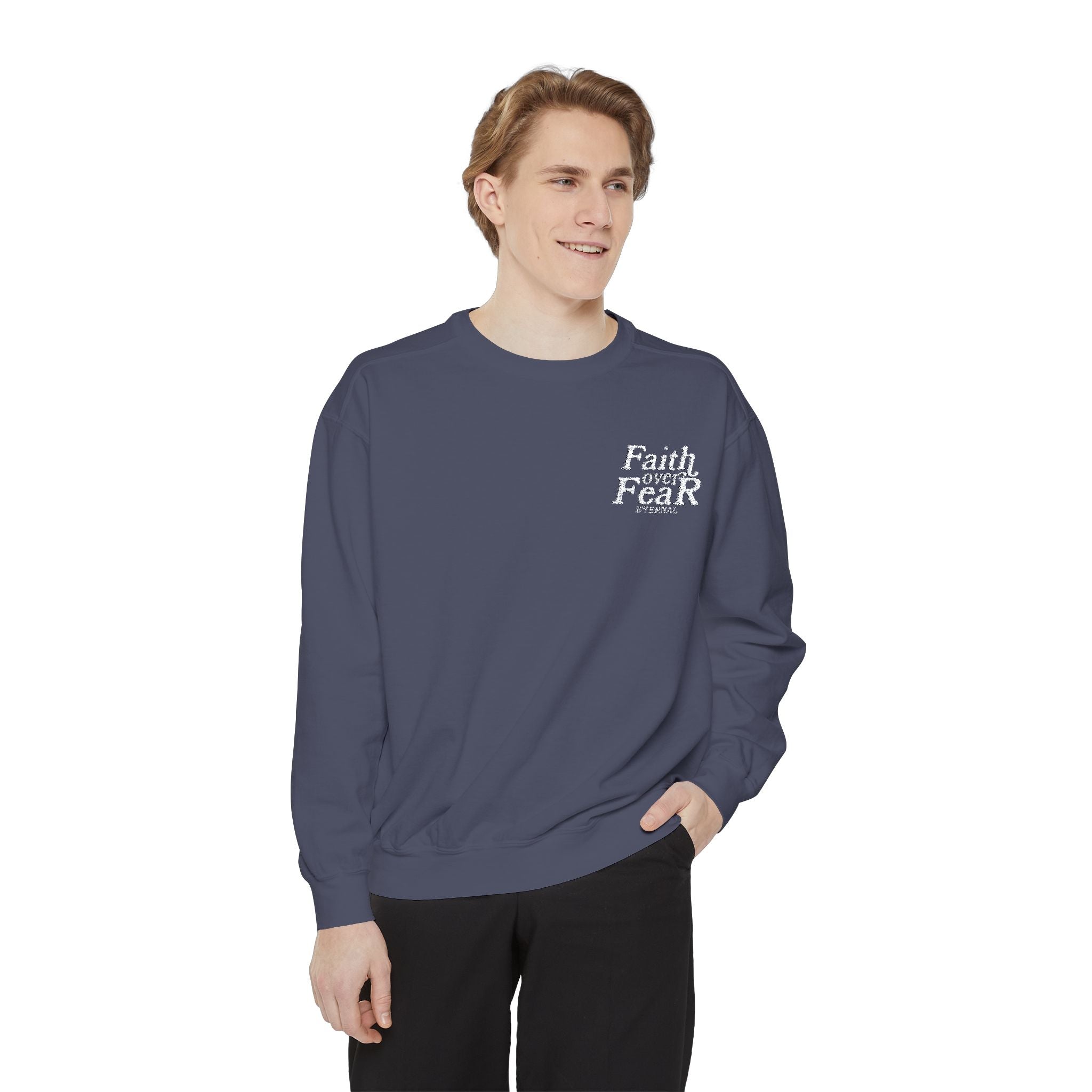 Embroidered Faith Over Fear Crewneck - Denim